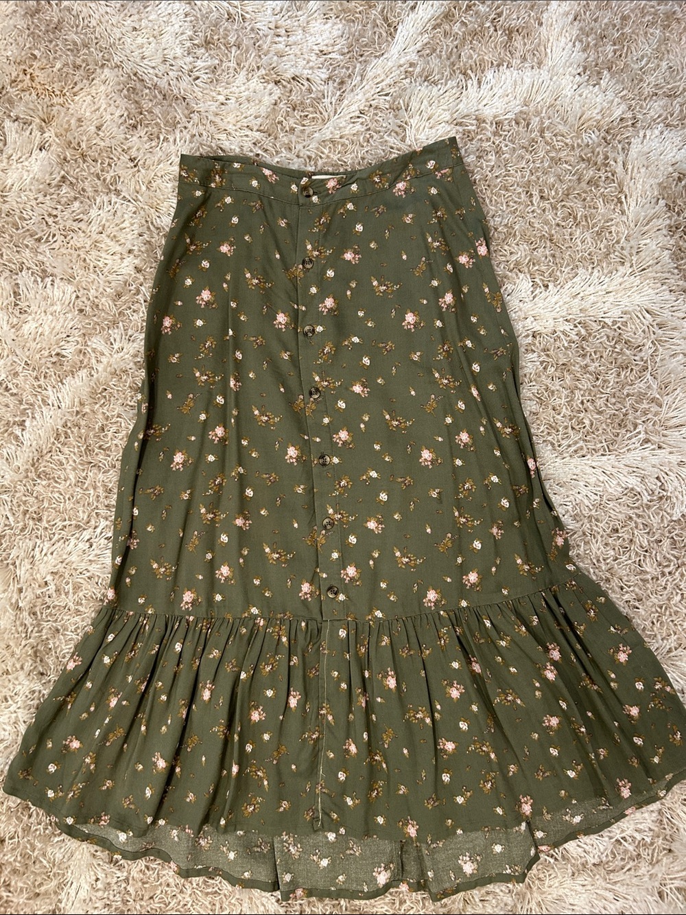 SO Olive Green Floral Button-Front Midi Skirt XS
